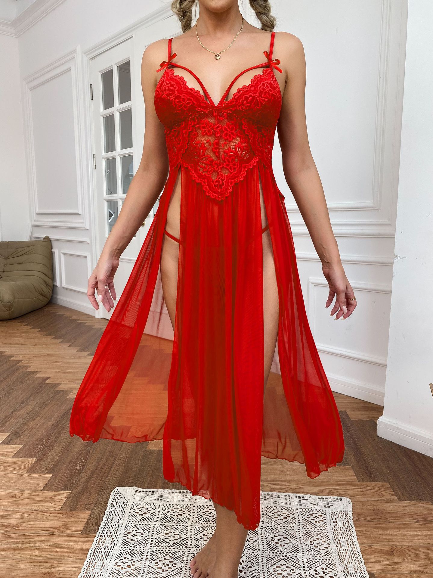 Vestito notte sexy donna pizzo scollo a v camicia da notte mesh_voghion.com