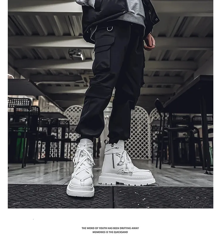 Bottines courtes en cuir à plateforme pour homme, chaussures de moto noires à la mode, style streetwear, 250114_voghion.com