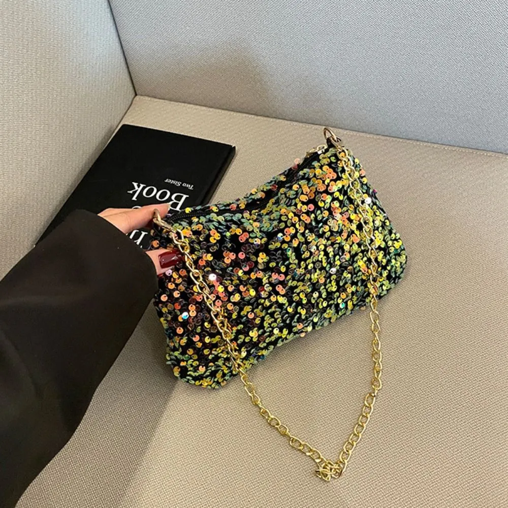 Borsa a tracolla con catena, tinta unita, stile coreano, con paillettes, per telefono, da sera, per cena e feste_voghion.com