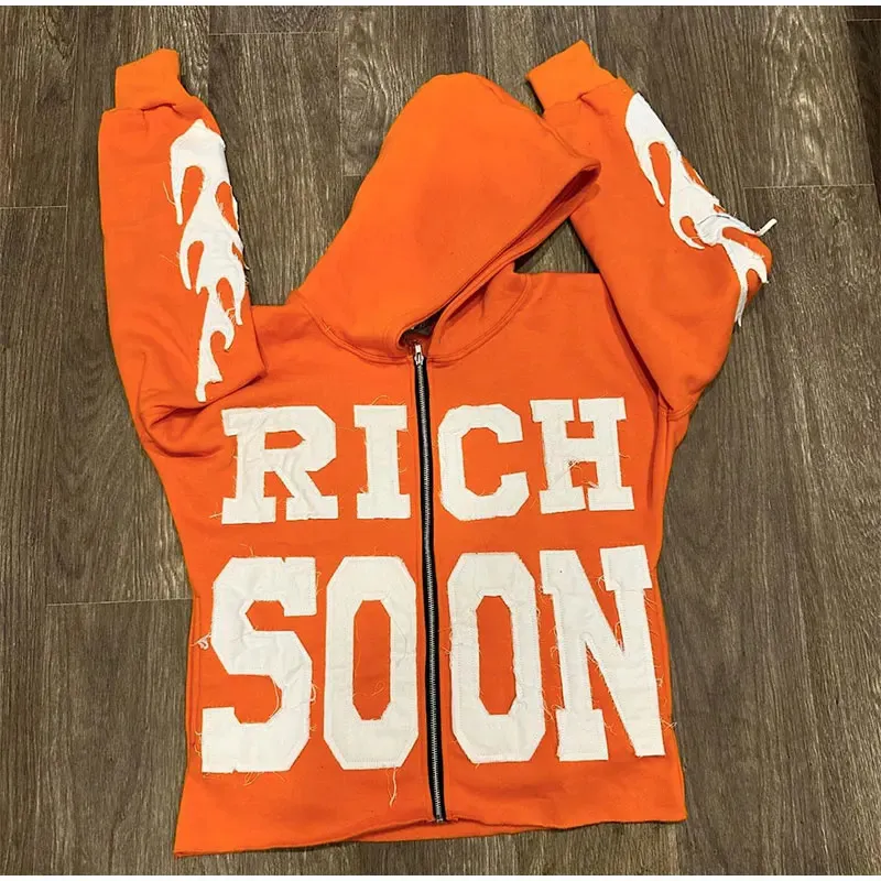 Street Rich Soon Bedruckter Kapuzenpullover für Männer, trendiger Y2k-Kapuzenpullover mit langen Ärmeln und Reißverschluss, Herbsttasche, lockere Kapuzenpullover_voghion.com