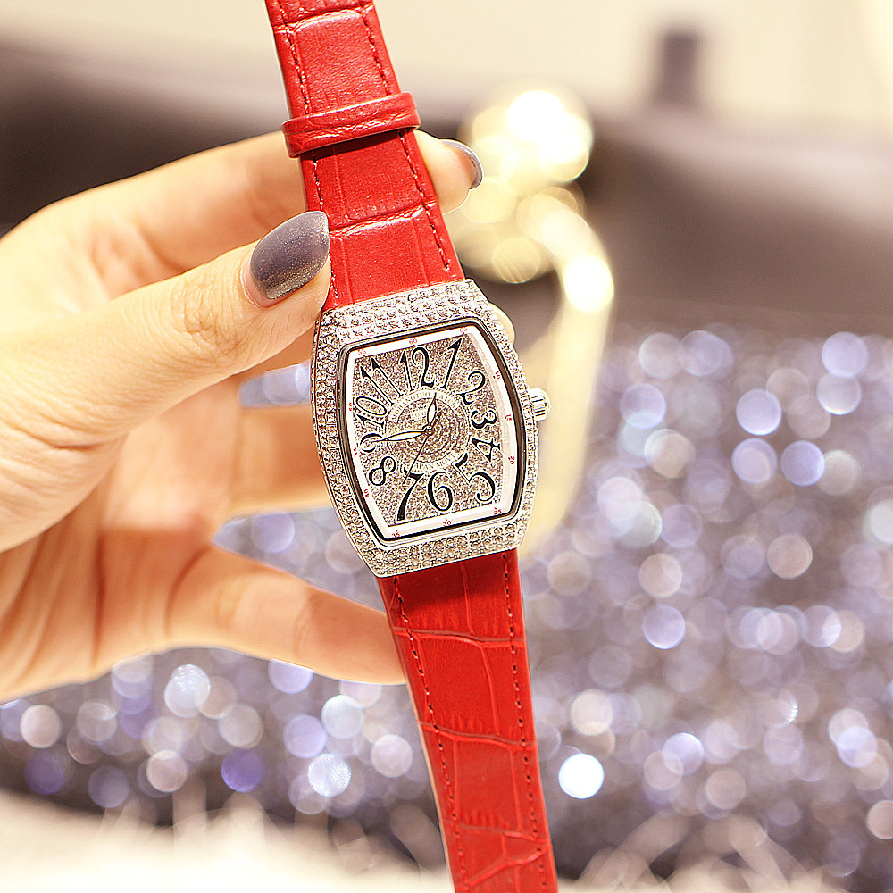 Reloj universal de moda para mujer con correa auténtica, resistente al agua, con forma de cubo de vino lleno de diamantes, moderno para hombre._voghion.com