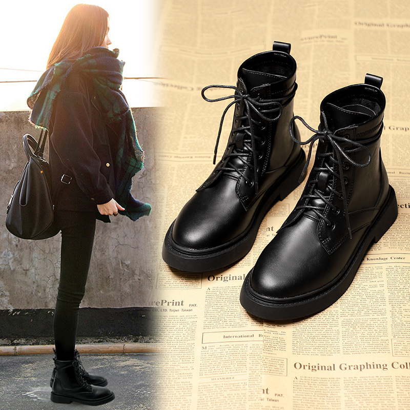 Trendy Martin For Women Autumn Winter New Thick Heel Flat Breathable Lace-Up Short Boots Women's Single Shoes