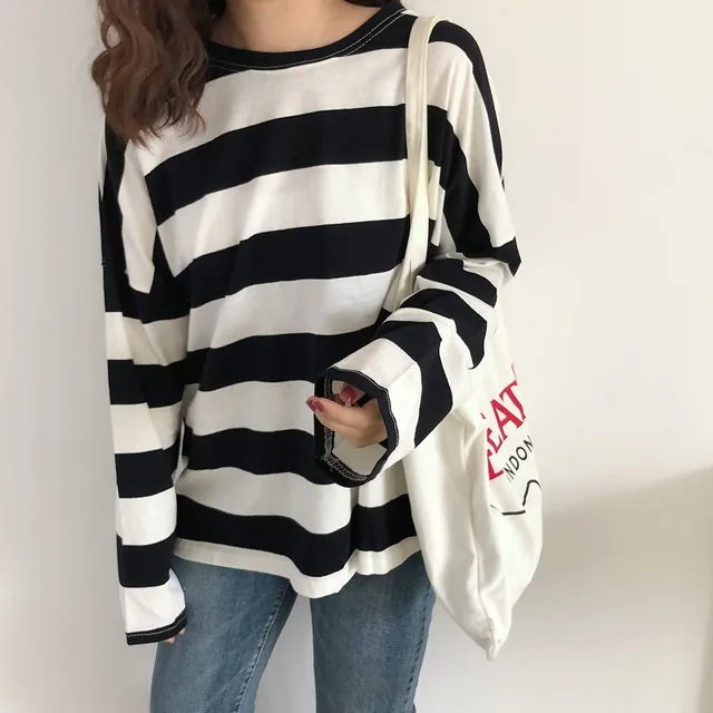 hot selling Woman Tshirts Tops Vintage New wide stripe Long-Sleeved o neck T-shirt Women's Striped Loose All-match tshirt WBXT994_voghion.com
