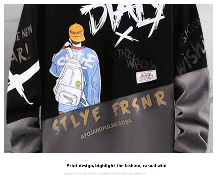 Men's hoodie, spring and autumn new couple outfit, long sleeved color contrast t-s, loose oversized cartoon bottom_voghion.com