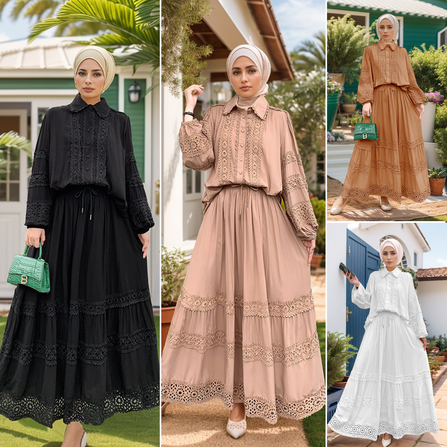 Women's Clothing Middle Eastern Lace Applique Shirt + Loose Skirt Long Skirt Two Piece Suit
