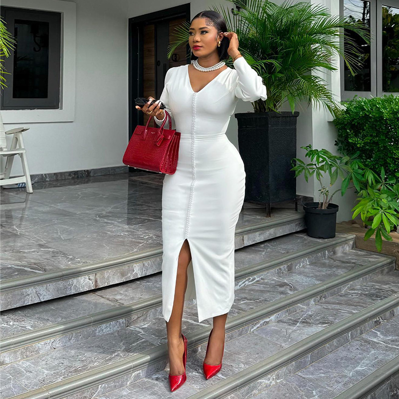 Women's Clothing summer new style elegant beaded V neck high waist one step skirt slit dress