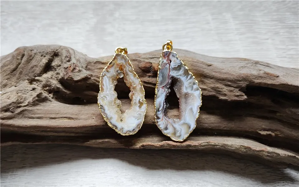 Collane con ciondolo Fetta di geode naturale Oro placcato Lucido Nero Grigio Drusy Pietra di cristallo Accessori per fai da te_voghion.com