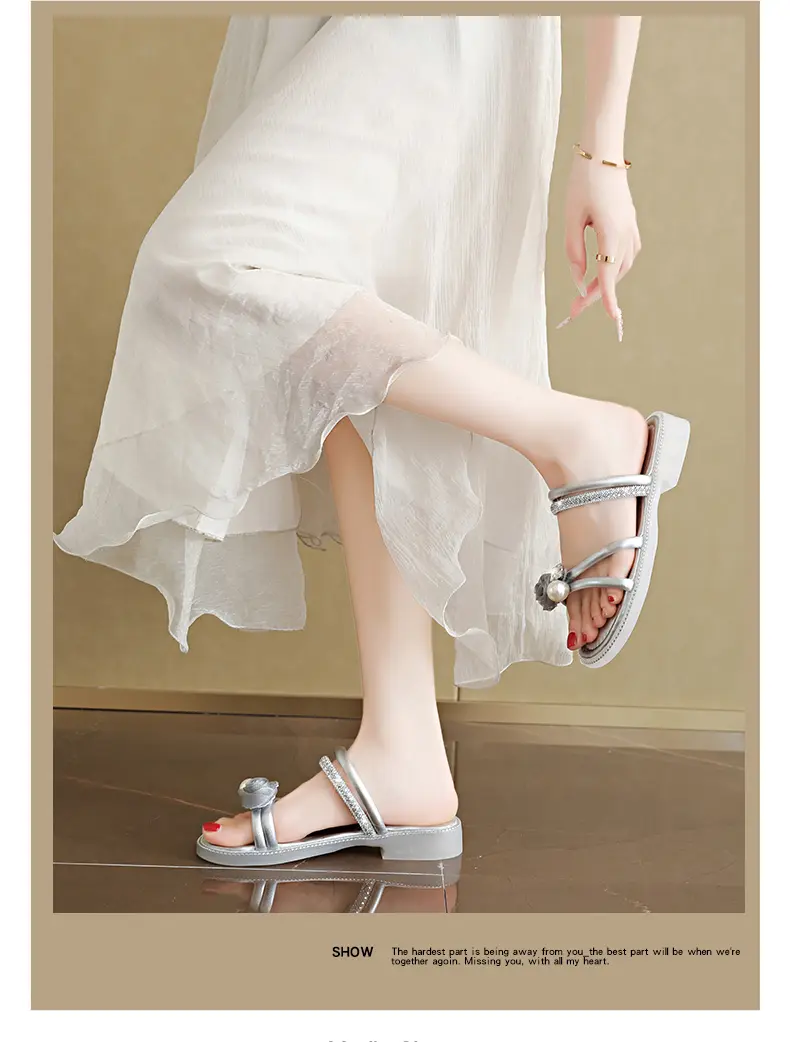 Elegant Women's Pearl Rhinestone Flat Sandals Low Block Heel Slide_voghion.com