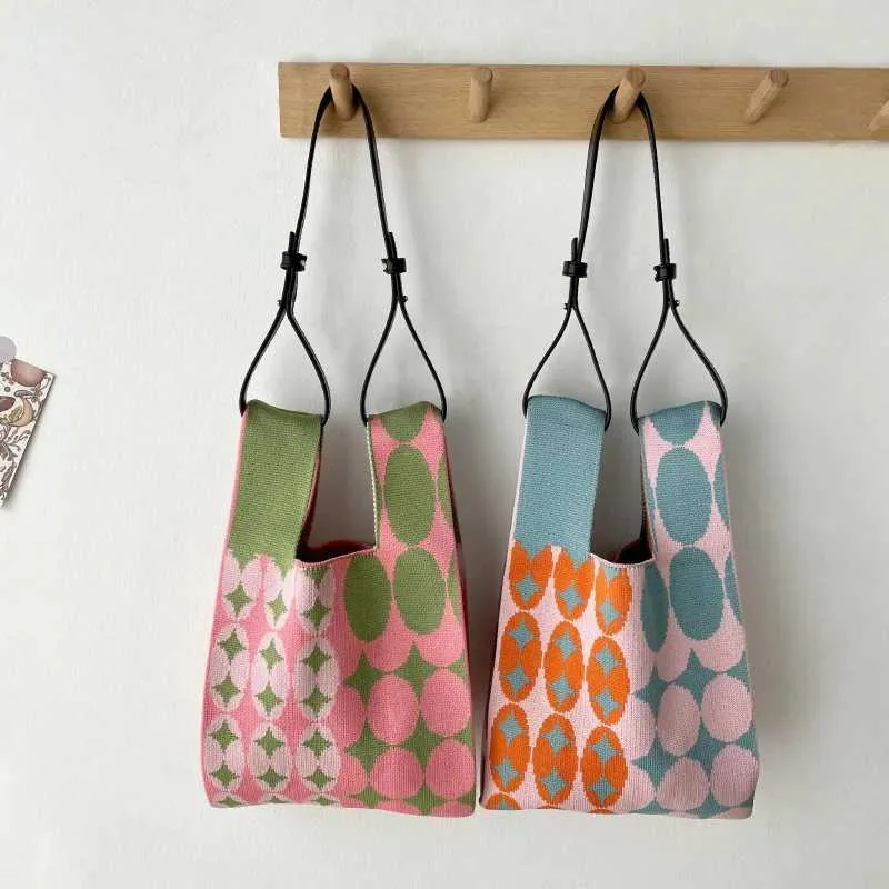 Varm genanvendelig indkøbstaske med almindeligt vævet prikmønster i strikket materiale til japanske studerende Y241106_voghion.com