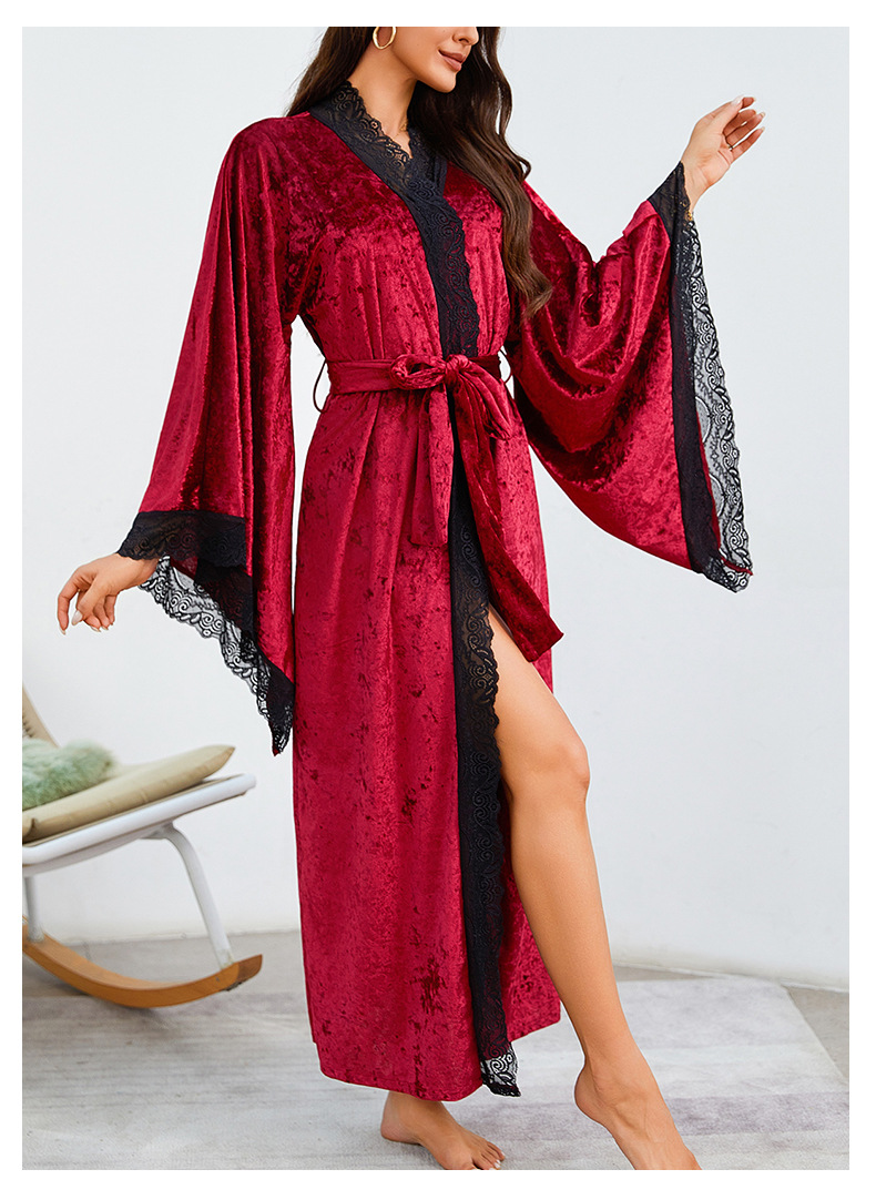 Halat de baie lung pentru femei, pijamale, sexy, dantelă, ușoară, luxoasă, cu mâneci lungi, cămașă de noapte din catifea, halat de baie, haine de casă_voghion.com