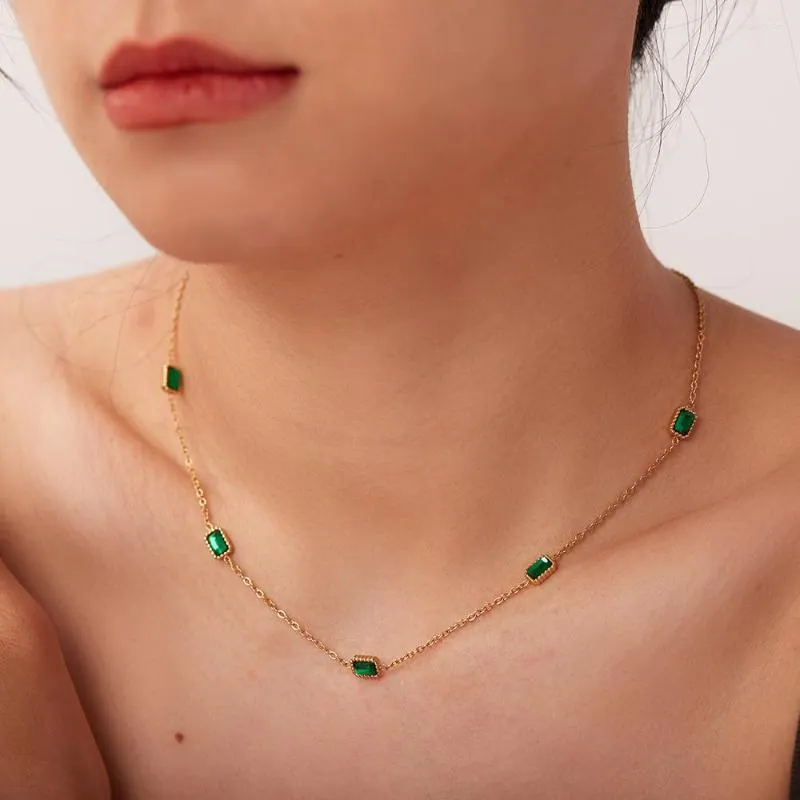 Catene Uworld Dainty 14k placcato oro gioielli verde zircone cubico collana in acciaio inossidabile rettangolo girocollo per le donne_voghion.com