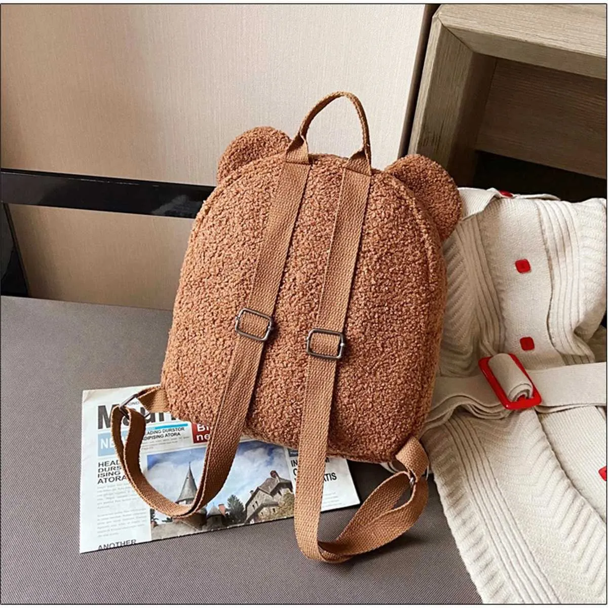 Plüsch Damentasche Herbst und Winter neue koreanische Version süßer kleiner Bär Ohr Rucksack Mädchen Eltern-Kind-Tasche-LJXC241217_voghion.com
