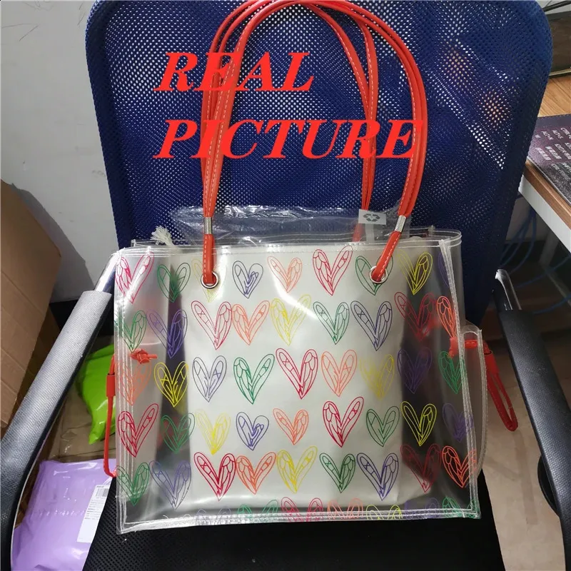 Heart Pattern Clear Pvc Tote Bag And Shoulder Bag Set For Summer_voghion.com