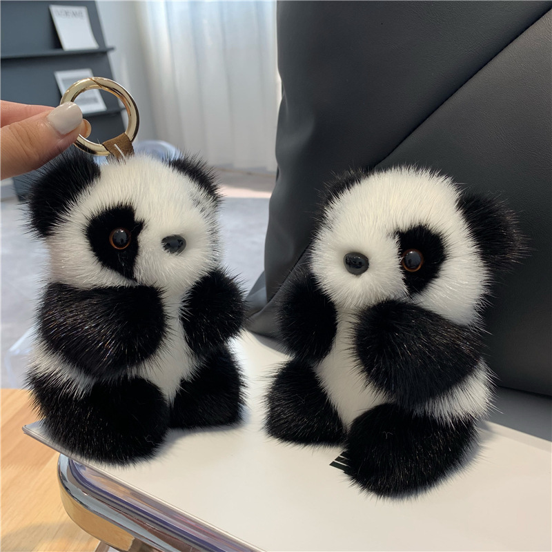 Porte-clés de voiture en peluche avec pendentif en fourrure de vison et petit panda mignon