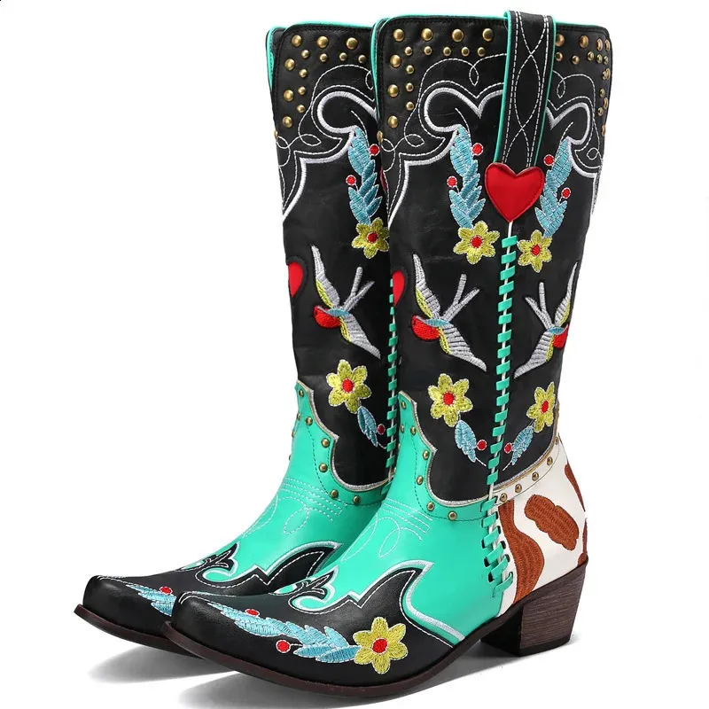 Winter Blue Western Cowboy Women Shoes Thick Heels Pointed Toe Embroidered Mid Calf Boots Fashion Cowgirl Booties 240921_voghion.com