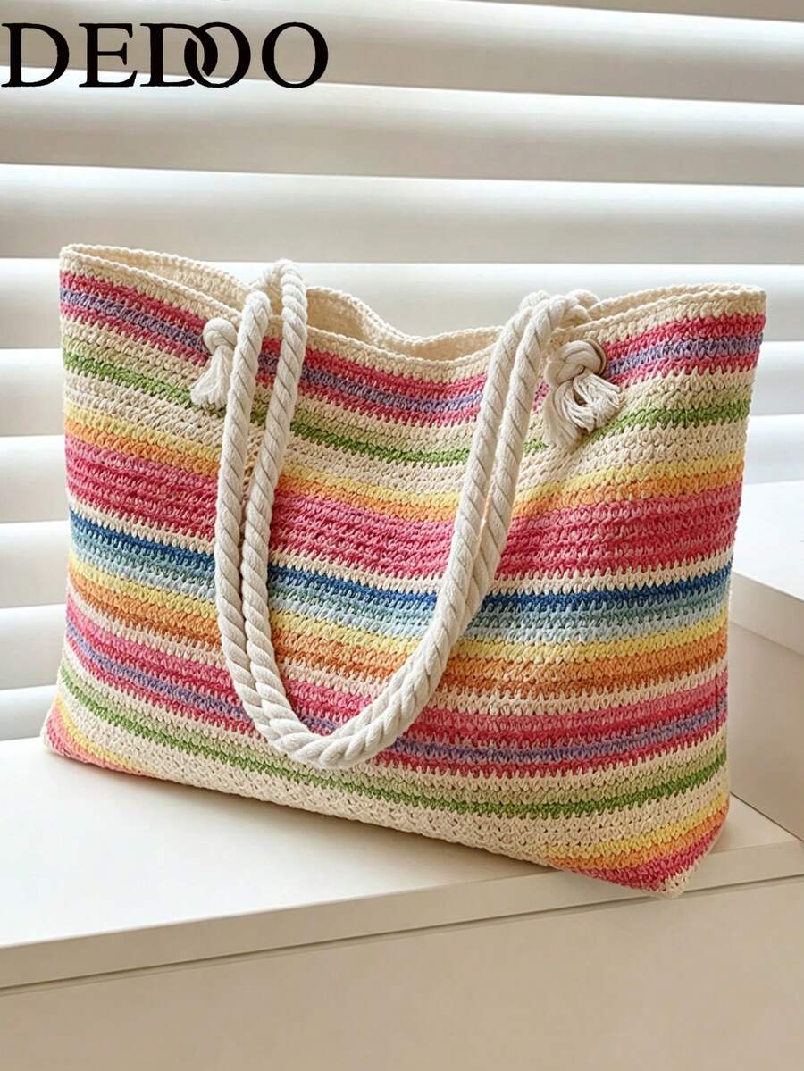 Grand sac cabas tissé léger à bandoulière, indispensable pour les voyages d'été, sac à main/sac à dos de vacances pour femme._voghion.com