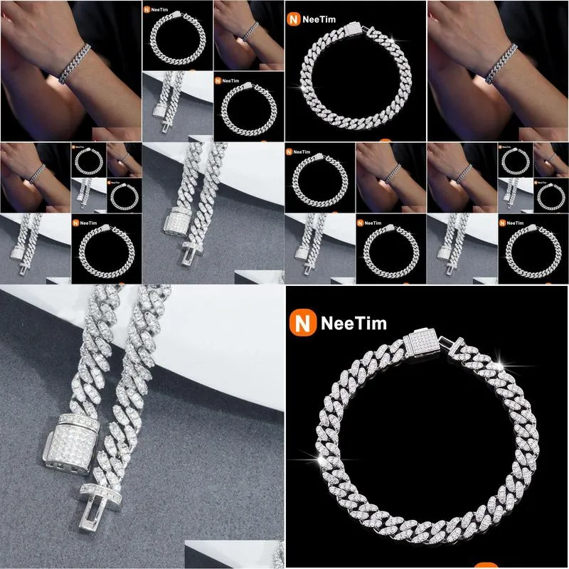 Chains Neetim 6Mm Full Moissanite Hip Hop Men Women Cuban Chain Bracelets Sterling Sier With Gold Plated Bracelet Drop_voghion.com