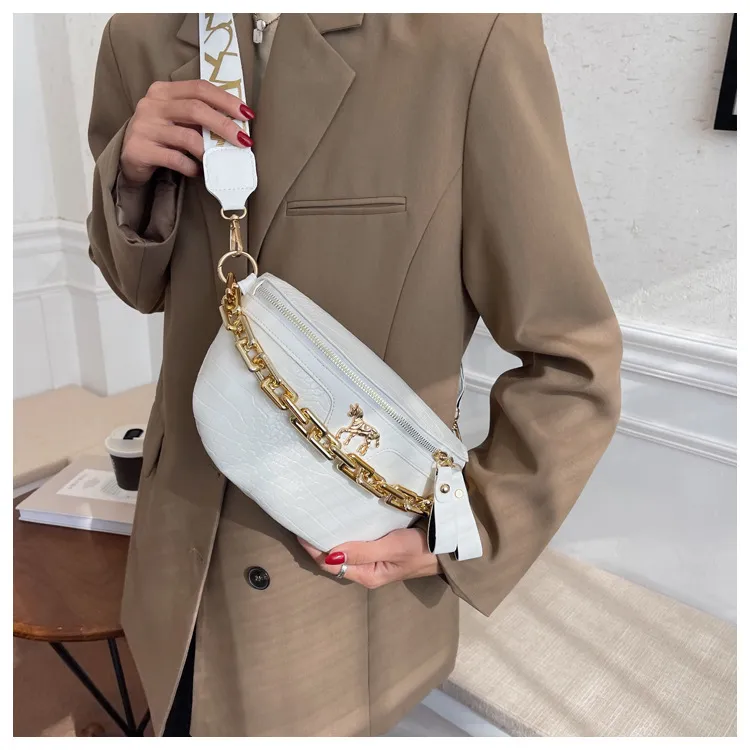 Thick Chain Women's Waist Fanny Pack Fashion Crossbody Chest Bags Female Belt Crocodile Shoulder Bag_voghion.com