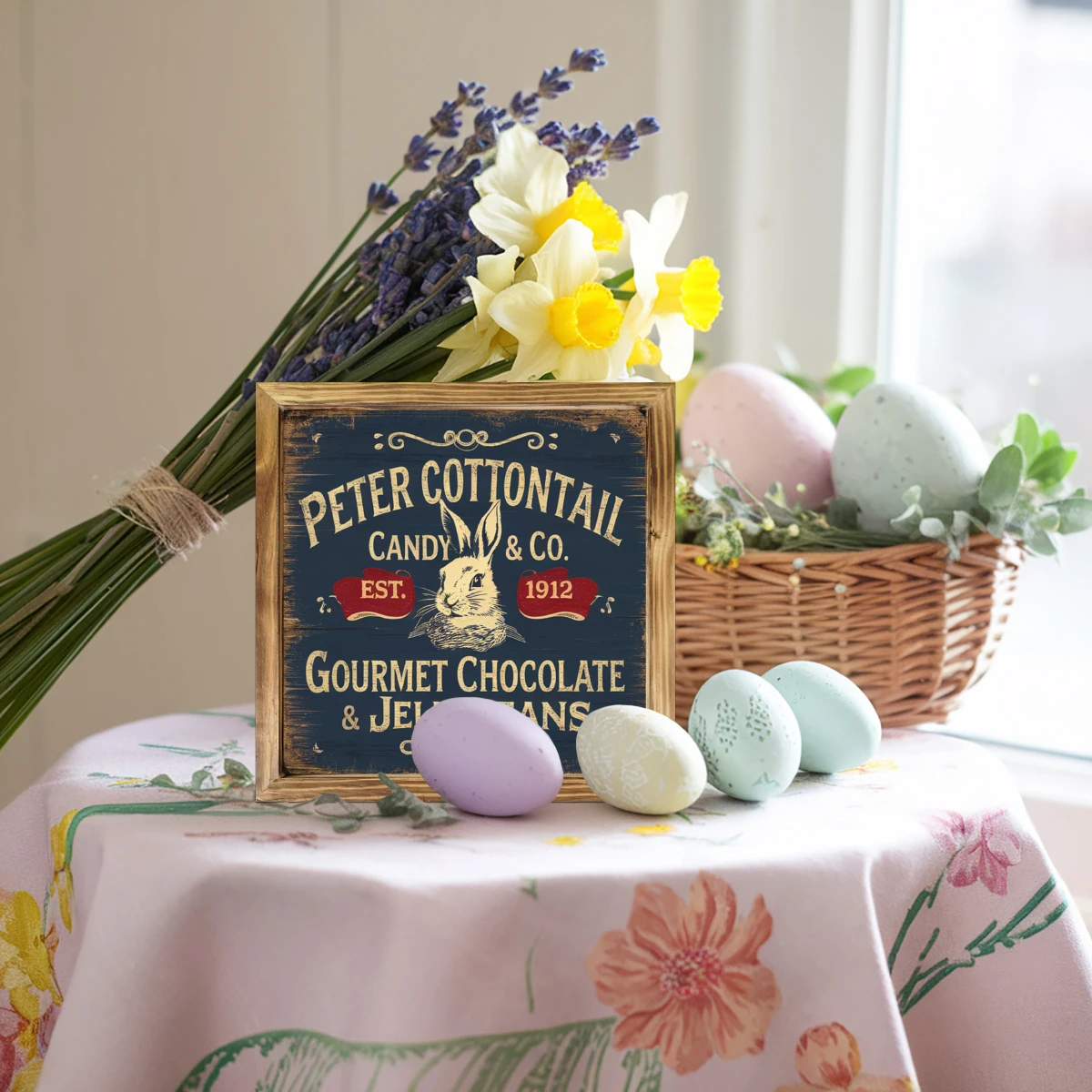 Vintage 'Peter Cottontail Candy Co.' Wooden Sign - 8x8" Farmhouse Wall Art. Perfect For Kitchen, Office Or As A Housewarming Gift._voghion.com