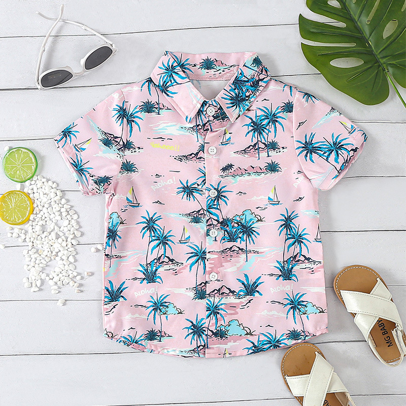 Mother&Kids Boys short-sleeved shirt Children's summer beach wind Beach holiday coconut print casual top trend_voghion.com