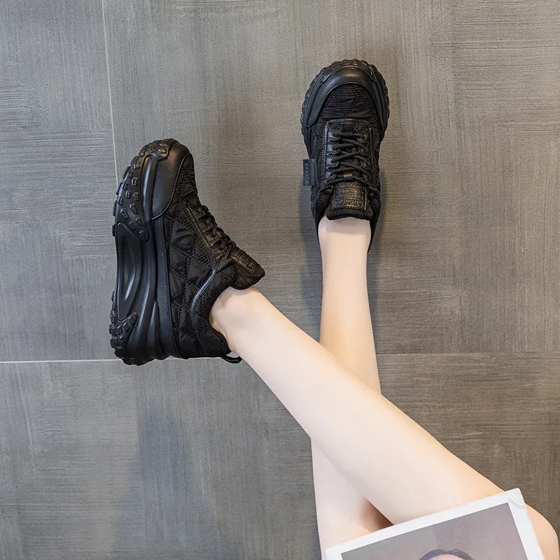 Zapatos deportivos de cuero genuino grueso con punta redonda y suela de bizcocho, transpirables, de malla y versátiles._voghion.com