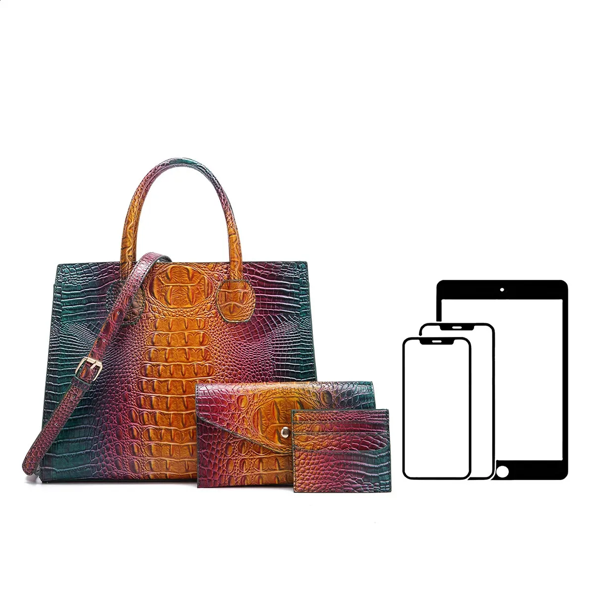 3-teiliges Muster-Handtaschen-Geldbörsen-Set, multifunktionaler Vintage-Umhängetaschen-Business-Clutch-Tasche mit Kartenhalter, Coi 240924_voghion.com