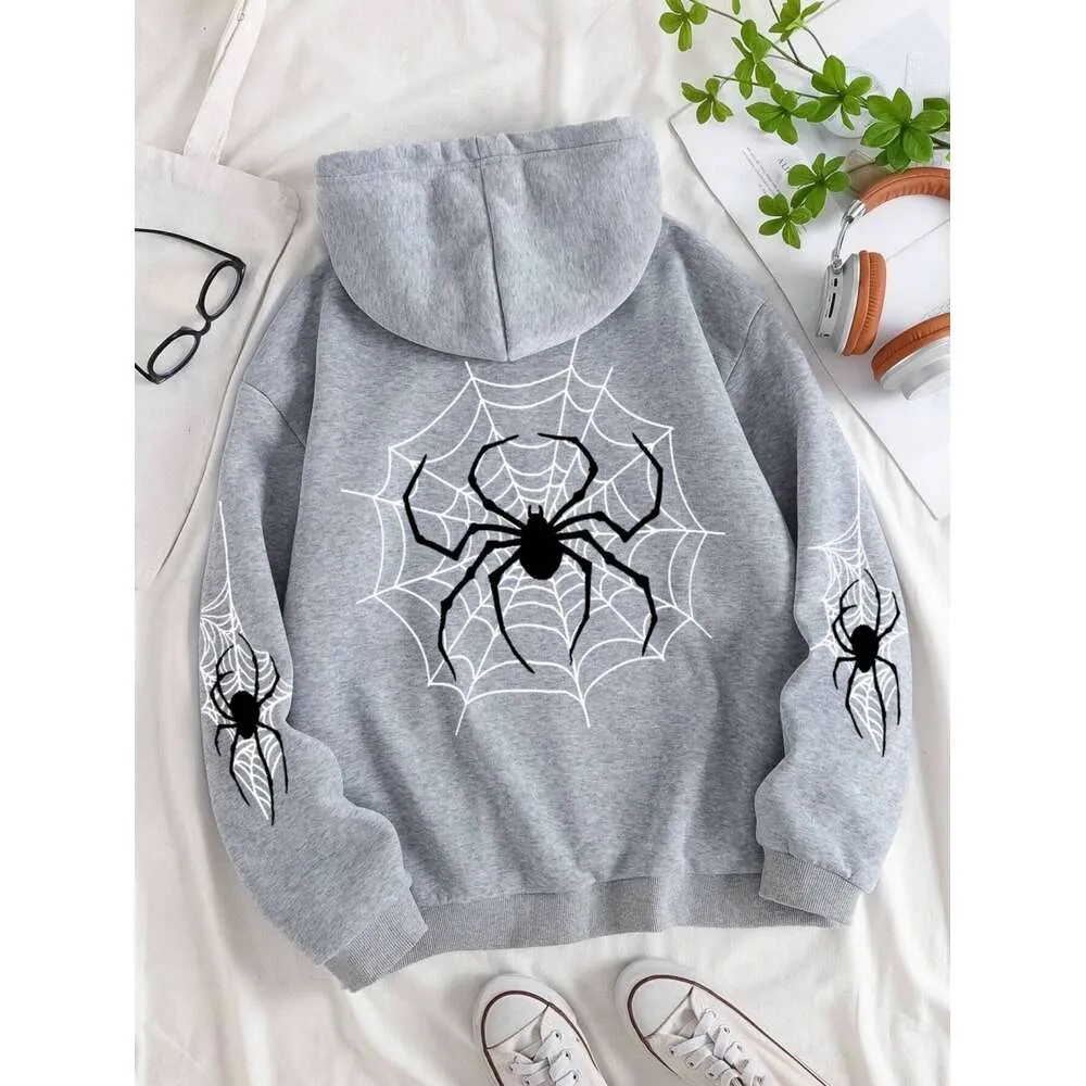 Hoodie mit Rundhalsausschnitt und Spinnweben-Aufdruck für Damen, warmes Fleece-Sweatshirt, modisch, lässig, Tracuit, übergroß, für Damen_voghion.com