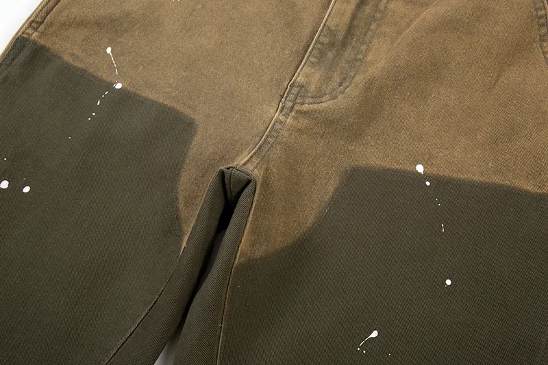 Pantalon cargo ample en denim micro-élastique délavé peint à l'encre pour homme, style patchwork Y2K, surdimensionné et décontracté_voghion.com