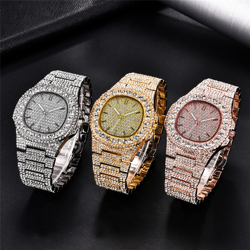 Men's Hip Hop Style Full Diamond Watch With Calendar - Quartz Movement, Square Dial, Stainless Steel Clasp, Fashionable Design For Trendy Men_voghion.com