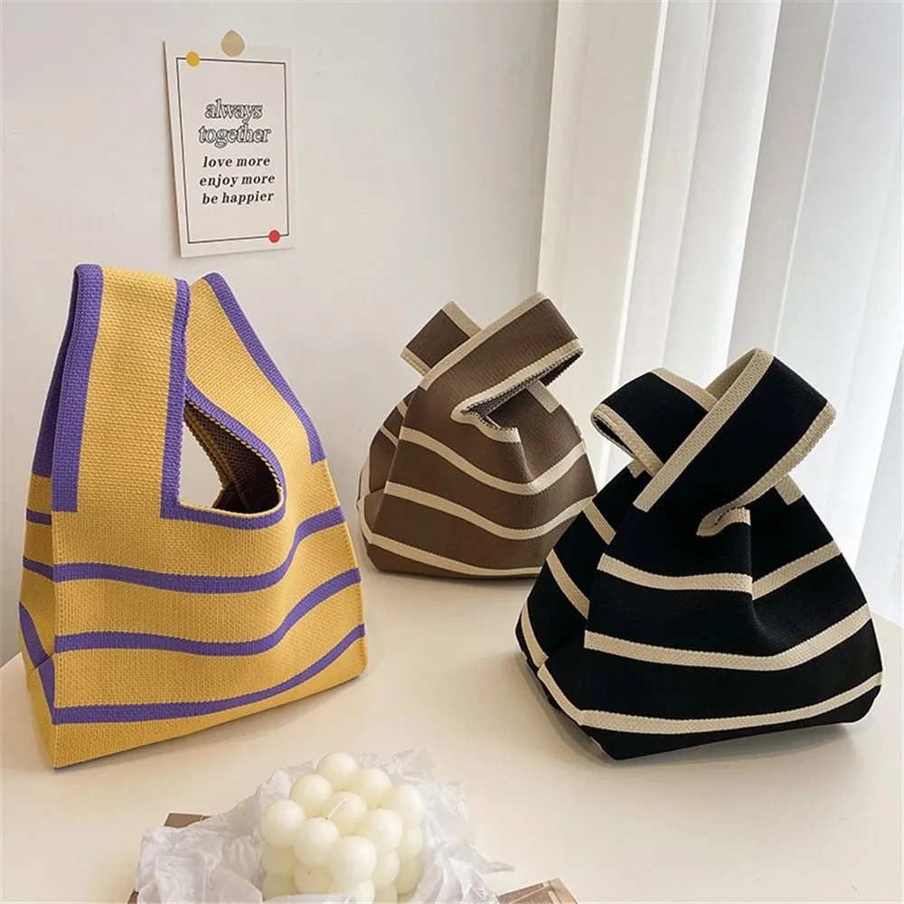 1PC Women Mini Handbag Handmade Knit Knot Wrist Japanese Color Wide Stripe Plaid Tote Bag Student Reusable Shopping Bags_voghion.com