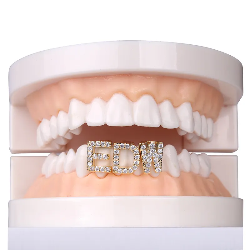 Grillz personnalisé en or blanc avec nom de A à Z et lettres, diamètre complet, zircone cubique, dents Bg, bricolage, grils Fang, capuchon de dent inférieur, hanche_voghion.com