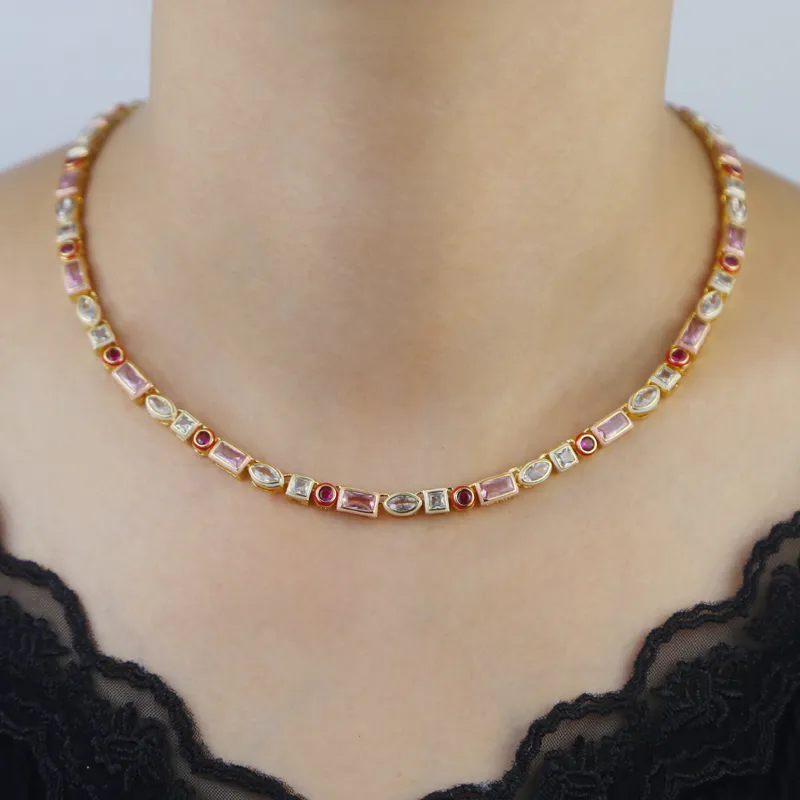 Catene arcobaleno geometrico varie forme zirconia cubica tennis catena girocollo collana castone smalto moda donna_voghion.com