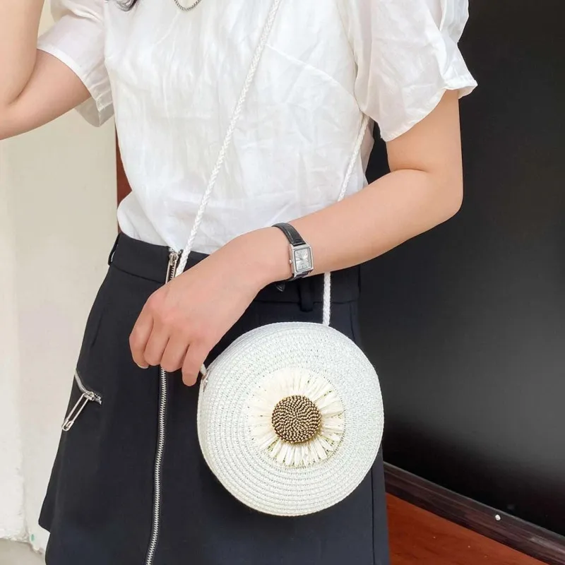 Borsa a tracolla da spiaggia intrecciata in paglia con fiori rotondi per donna, borsa a tracolla in rattan lavorata a mano e lavorata a maglia, colore caramella_voghion.com