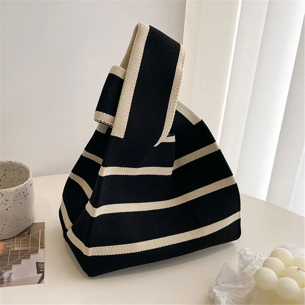 1PC Women Mini Handbag Handmade Knit Knot Wrist Japanese Color Wide Stripe Plaid Tote Bag Student Reusable Shopping Bags_voghion.com