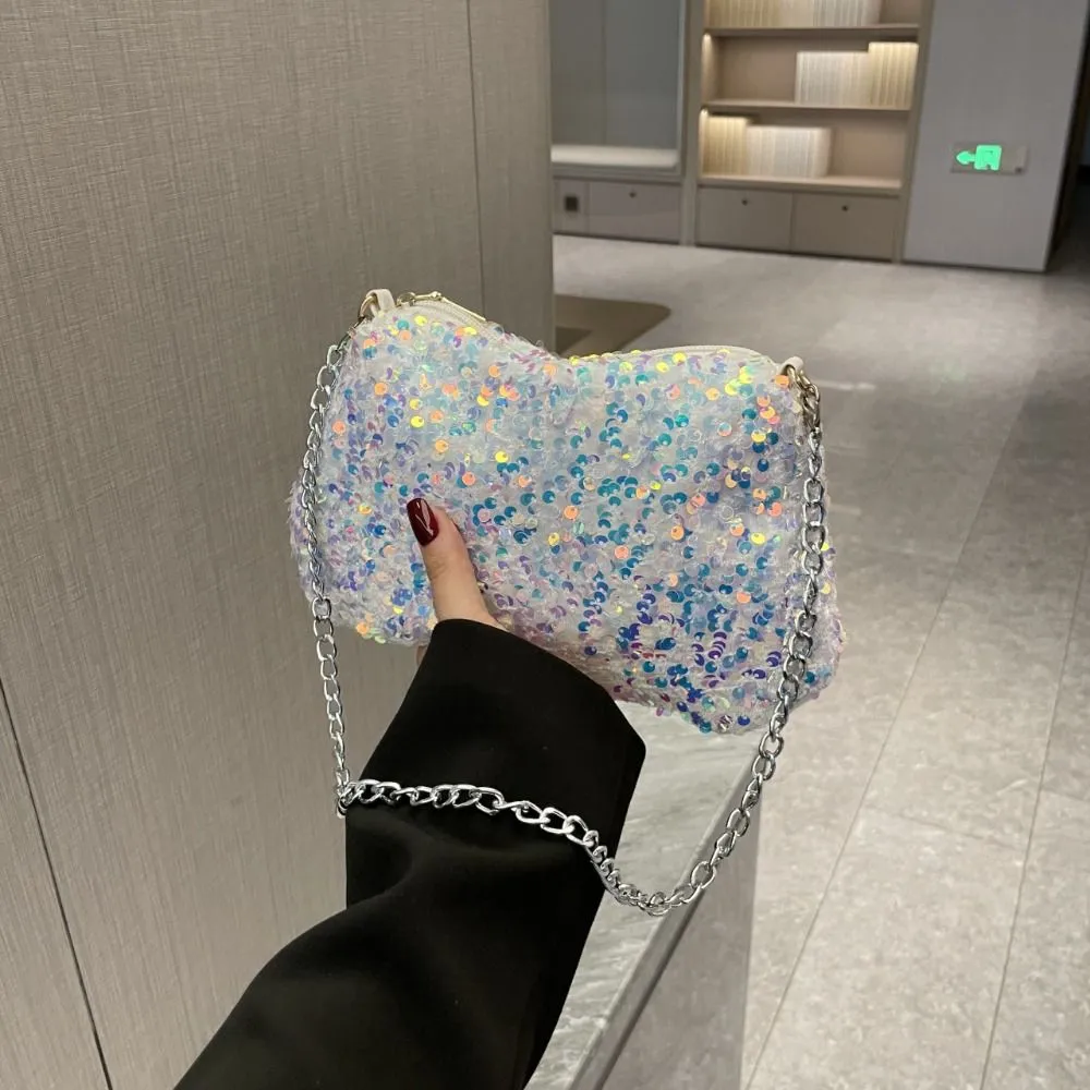 Borsa a tracolla con catena, tinta unita, stile coreano, con paillettes, per telefono, da sera, per cena e feste_voghion.com