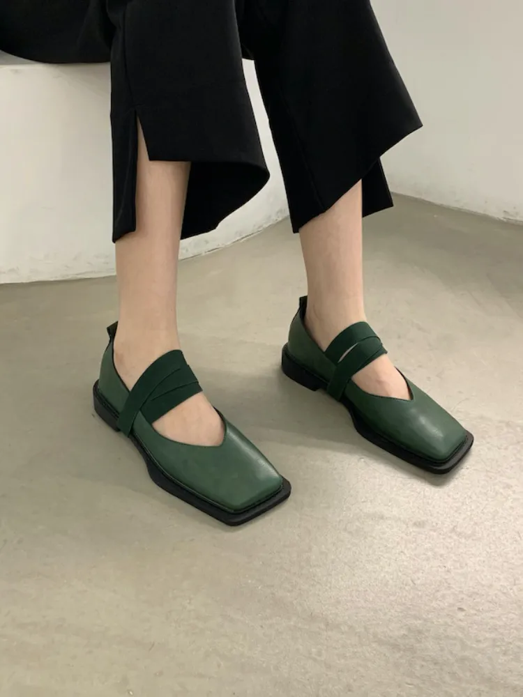 Mocassini singoli in pelle da donna, primavera 2022, nuovi, alla moda, con testa quadrata, fondo piatto, bocca bassa, scarpe basse_voghion.com