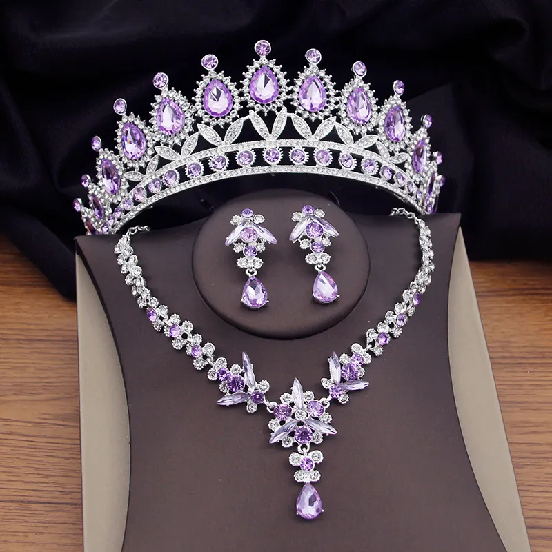 Gorgeous Purple Crystal Bridal Sets For Women Sier Colors Tiaras Earrings Necklaces Wedding Crown Jewelry Set Fashion_voghion.com