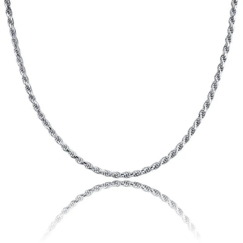 Collana in argento sterling placcato oro bianco Twist 3mm 18 "22" catena di corda Hip Hop Rapper gioielli regali per uomini e donne_voghion.com