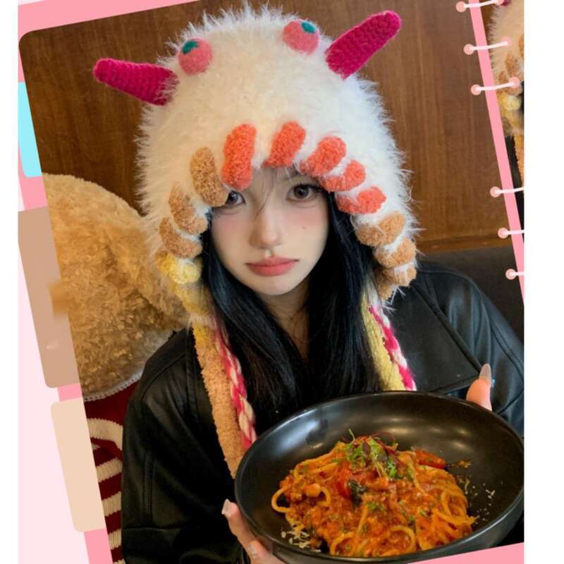 Cute Funn Little Monster Braided Woolen Hat For Children, 2024 Autumn And Winter Warm Knitted Ear Protection Hood_voghion.com