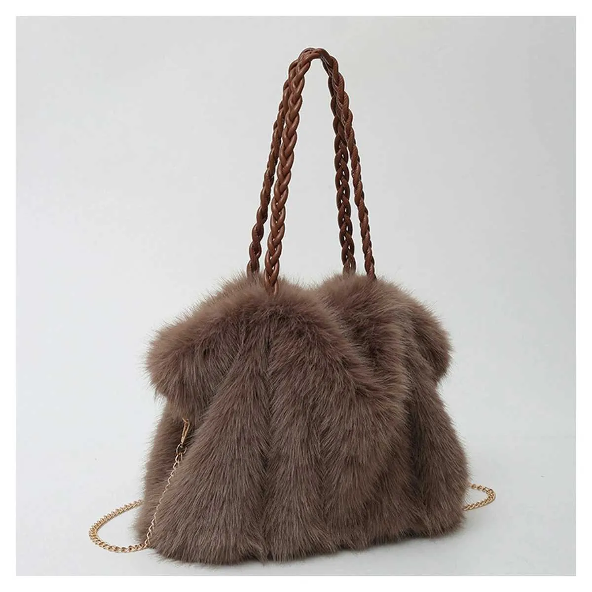 Sac de créateur pour femme en peluche à la mode, grande capacité, haut de gamme, en fourrure de renard plissée, bandoulière avec chaîne en métal_voghion.com