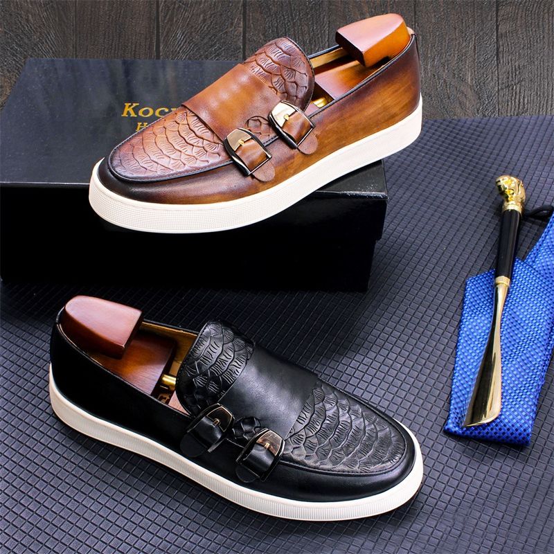 Men's double buckle casual genuine leather loafers men's comfortable flat shoes daily versatile slip on_voghion.com