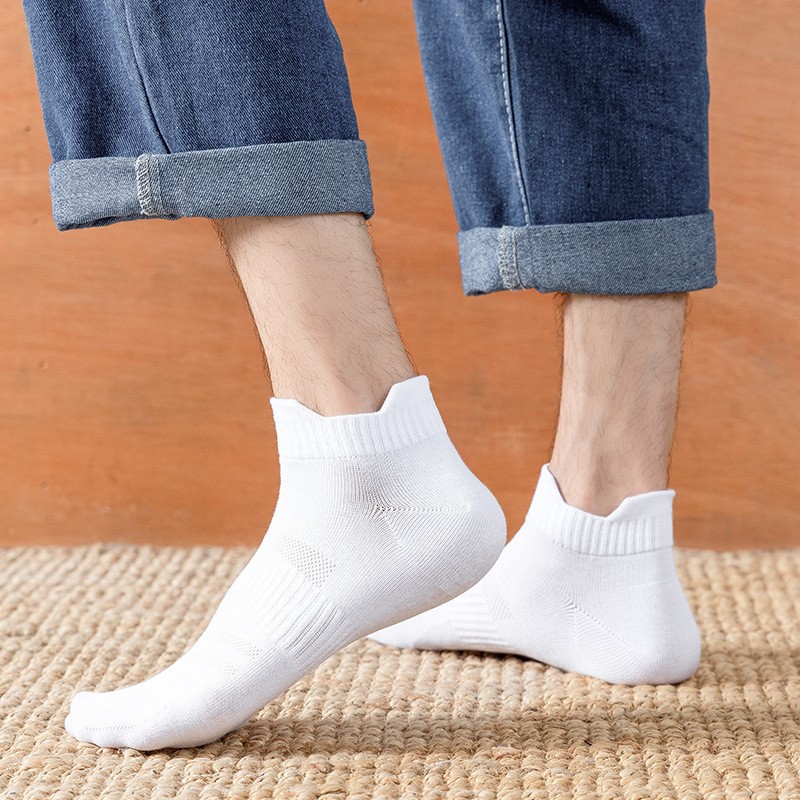 5 peças [Pacote combinado] Enviar ~ Meias brancas de comprimento médio para homens, meias esportivas simples com orelhas duplas, meias curtas versáteis_voghion.com