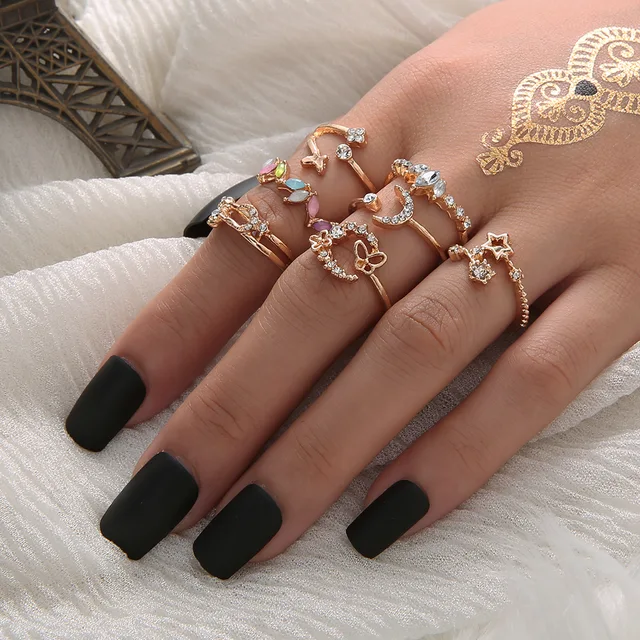 Hot sales Vintage Bohemian Star Moon Butterfly Gold Color Ring Sets Zircon Flower Leaf Open Rings for Women Simple Knuckle_voghion.com