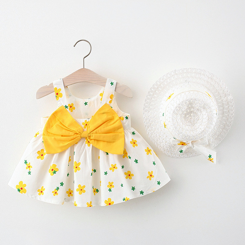 Newborn Girl Summer Tank Top Dress Floral Printed Holiday Style Dress With Bow At The Back Send Hat_voghion.com