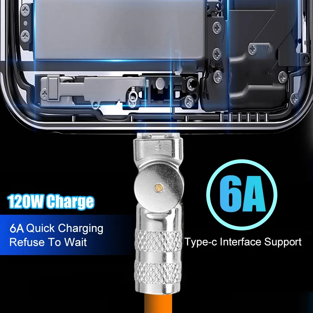 Typ C-Mobiltelefonkabel 6A 120W Superschnellladegerät Micro-USB-Datenkabel 180 Grad drehbar mit leichtem Bruchschutz_voghion.com