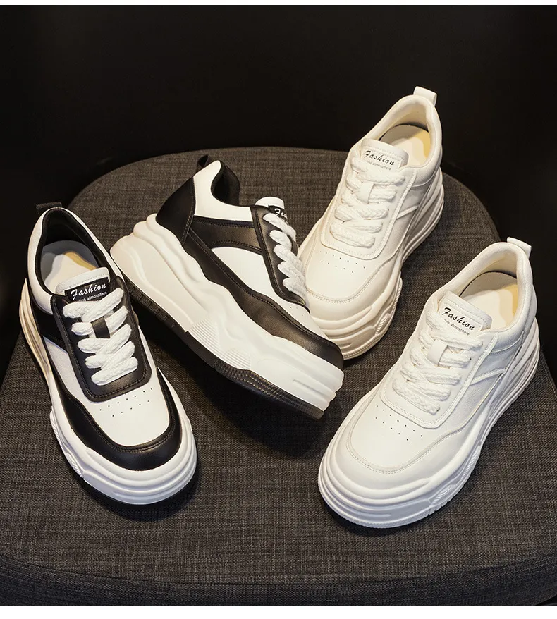 Dikke, hoge leren skateboardschoenen met ronde neus voor comfort en extra hoogte, sportschoenen met rubberen zool_voghion.com