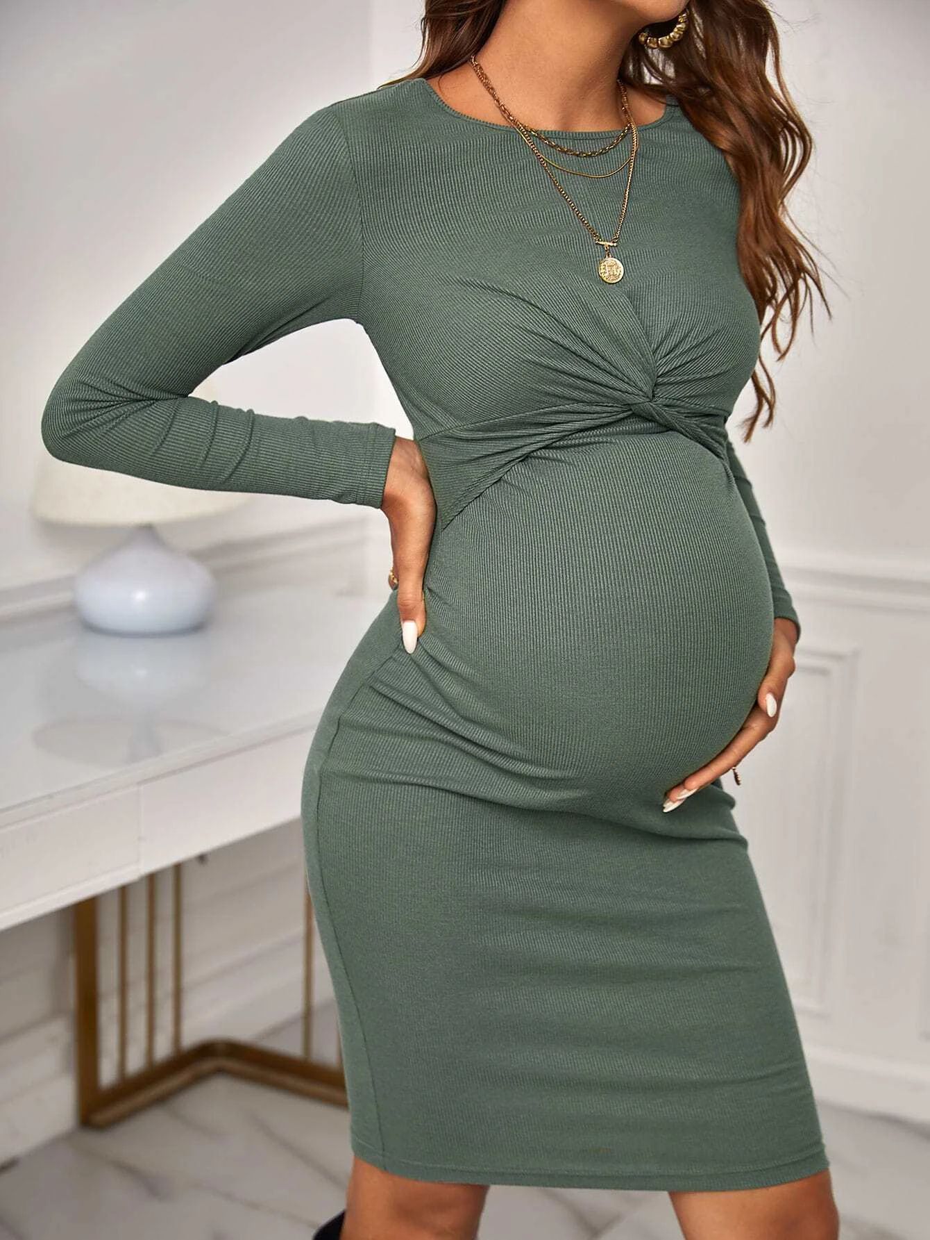 Robe tricotée à manches longues et col rond, tenue de maternité courte de couleur unie, ajustée_voghion.com