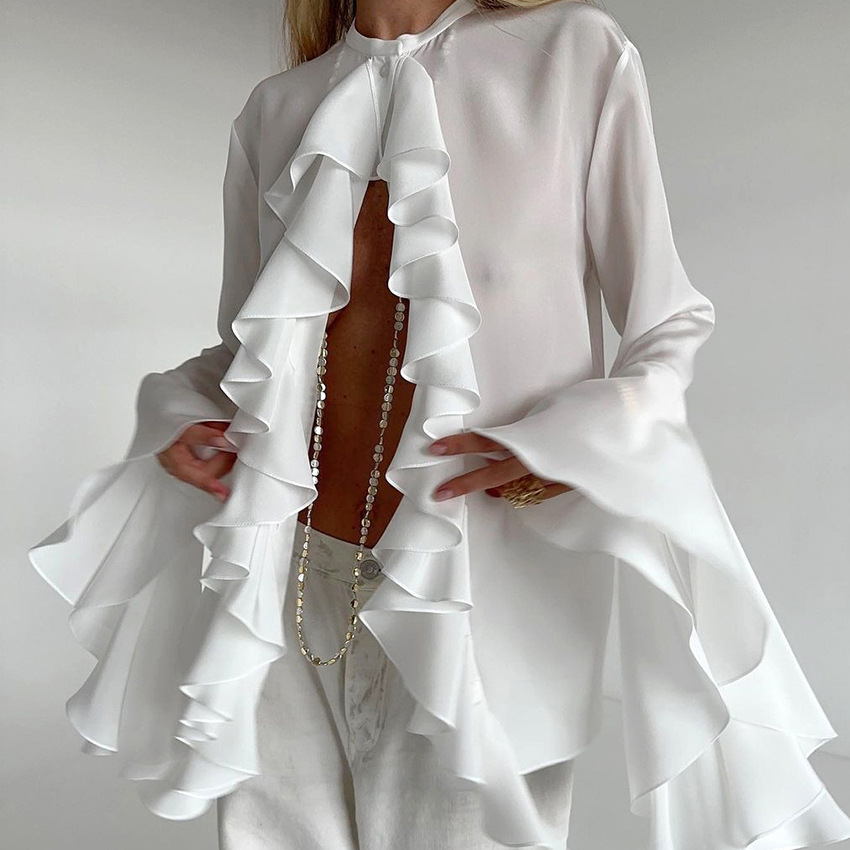 Women's Ruffle Long Sleeve Blouse Elegant Cardigan Autumn Top_voghion.com