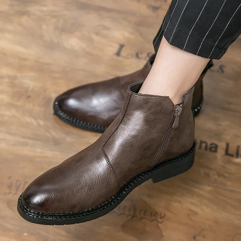 For Fashion Casual British Style Short Boot Side Zipper High-Top Shoes Men Man Classic Retro Leather Ankle Boots 240620_voghion.com
