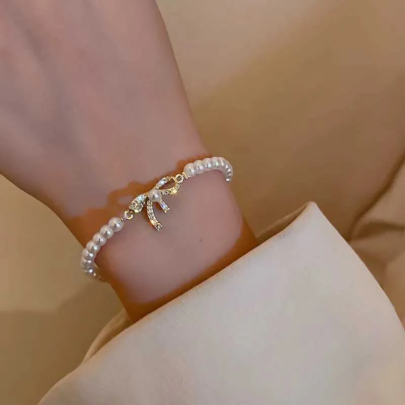 Bracelet ajustable avec perles et strass pour femme doré_voghion.com